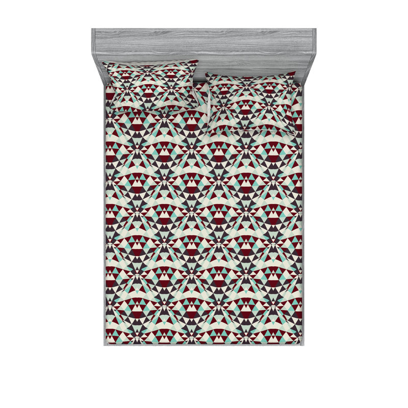 Ambesonne Fitted Sheet & Shams, Queen Sheet Set with 2 Pillowcases, Eggshell/Maroon/Seafoam Geometric