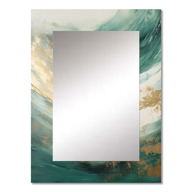 Gold And Green Soft Wave Fusion - Abstract Shapes Wall Mirror, Beige Decorative Mirror, Printed Metal Art, 32" x 24"
