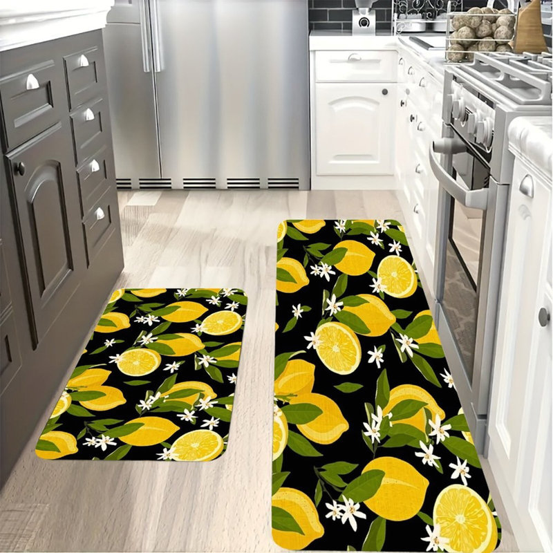 2-Piece Set Lemon Floral Black Kitchen Mats Pantry Kitchen