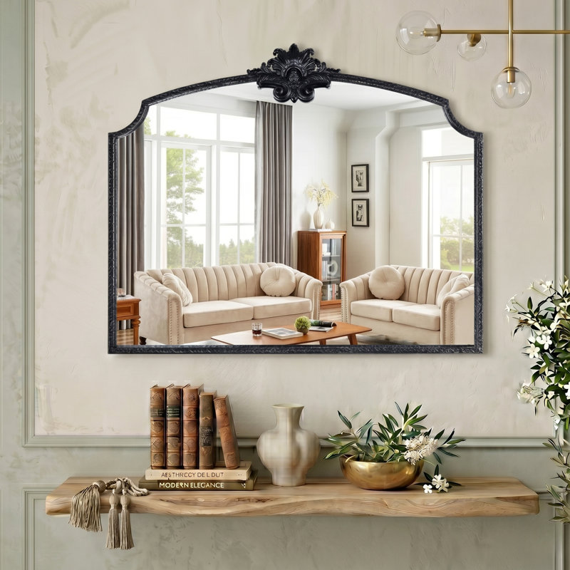 Lindon Arched Iron Wall Mirror, 29" x 36", Antique Black