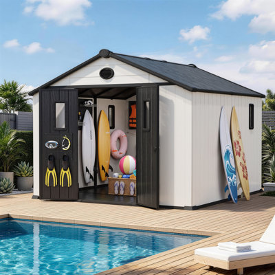 10 x 10 FT Resin Outdoor Storage Shed with Windows and Lockable Door, Plastic Garden Shed with Floor for Lawn Mower, Bikes, Pool Supplies and Tools