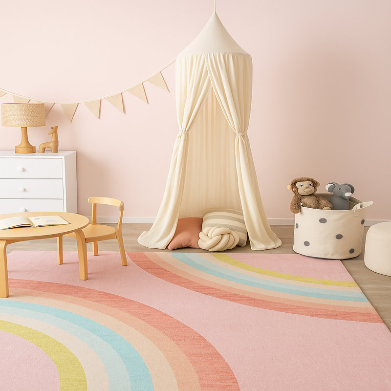 Tapis rose arc-en-ciel pour enfants 5 pi x 8 pi (5 pi 3 po x 7 pi 7 po) Branch Branch Marlow, tapis moderne, à poils moyens et résistant aux taches
