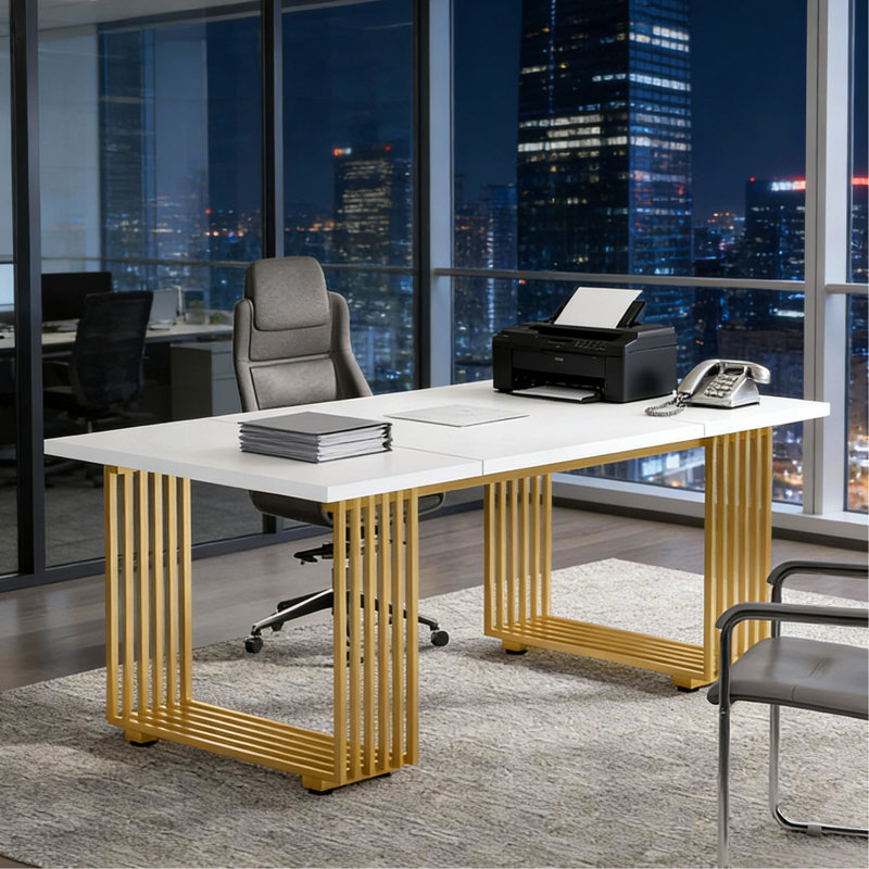 Bureau avec couleur blanche et dorée, largeur de 70 pouces, amplement d'espace pour le travail, pieds en métal dorés modernes, largeur de 70,86 po, essentiels de bureau spacieux, stable