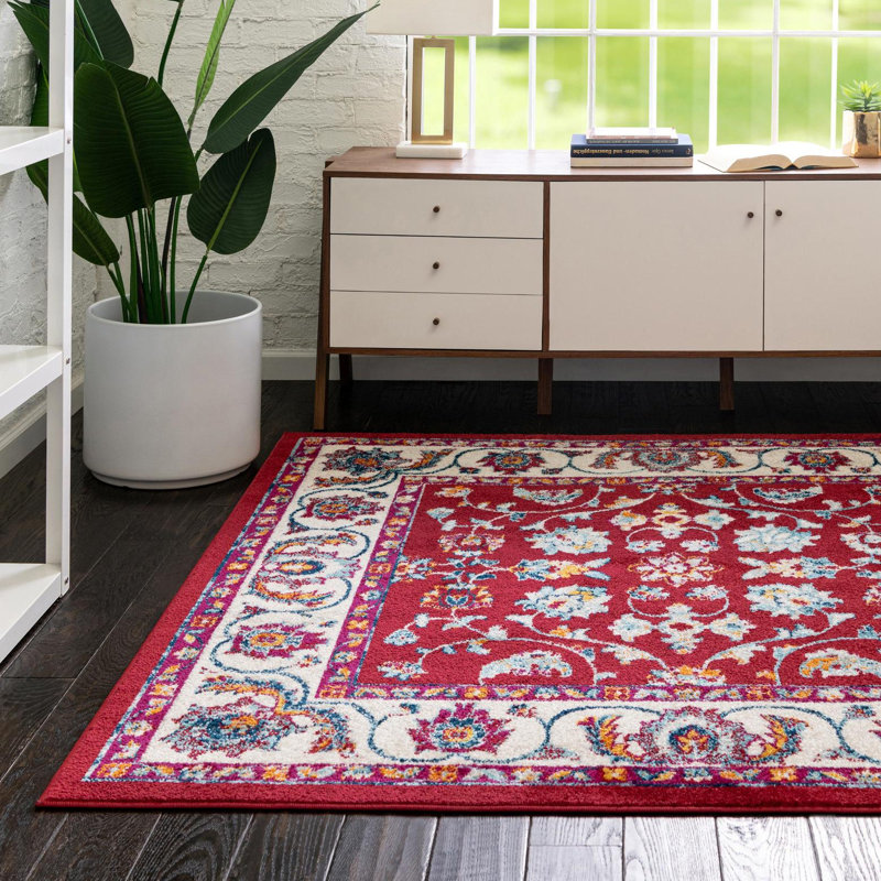 Tapis rouge à motif floral Arenas, Carré 7 pi 10 po