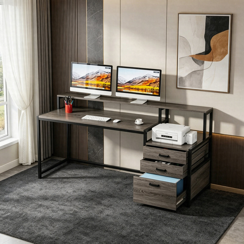 Bureau d'ordinateur 63 po avec support pour moniteur, bureau ergonomique avec tiroirs et classeur 63 po, Gris