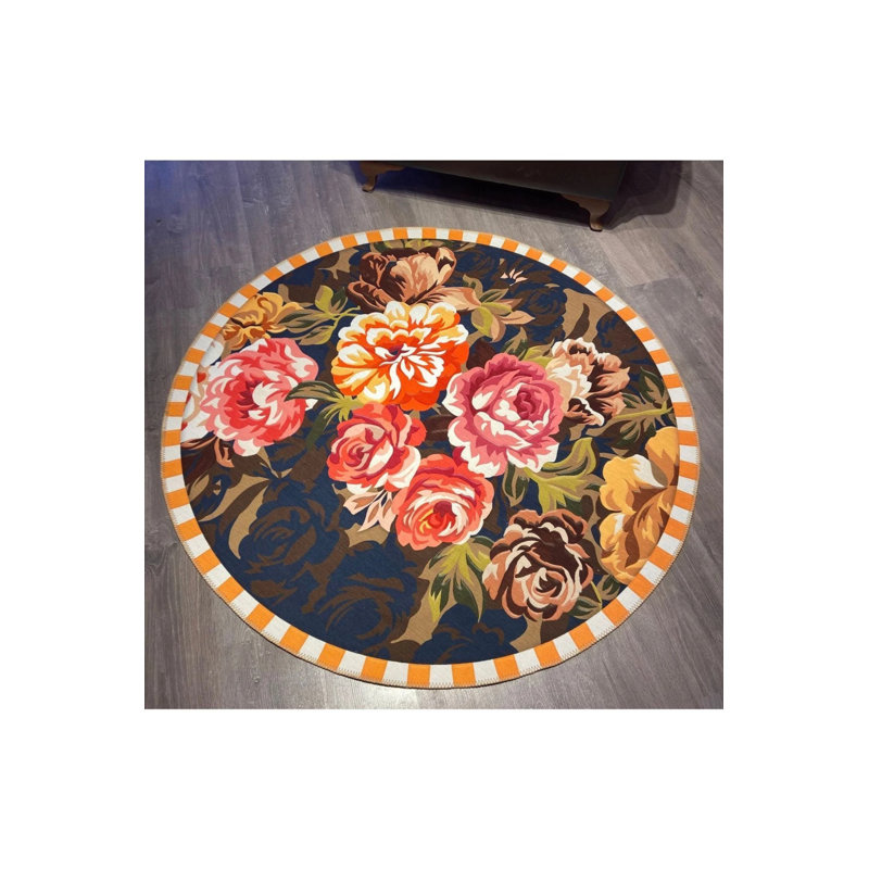 Flower Pattern Multicolored Decorative Non-Slip Base Washable Carpet, Round 4'