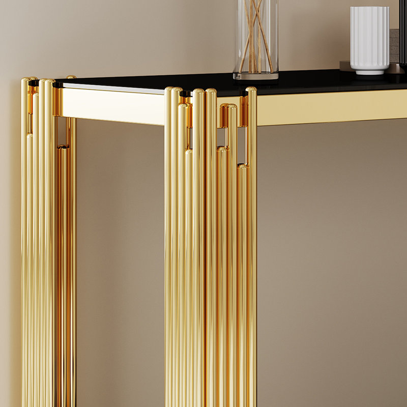 Console supérieure et inférieure en verre trempé à double couche et cadre en acier inoxydable à finition miroir, Noir, Doré