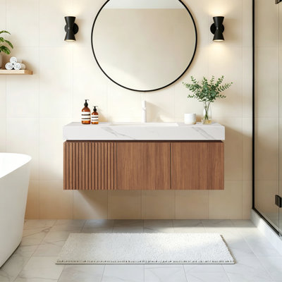 Luxury 48" Walnut Bathroom Vanity & Sinks Modern Family Suspended Bathroom Cabinet Mid-Century Sintered Stone Bathroom Cabinet
