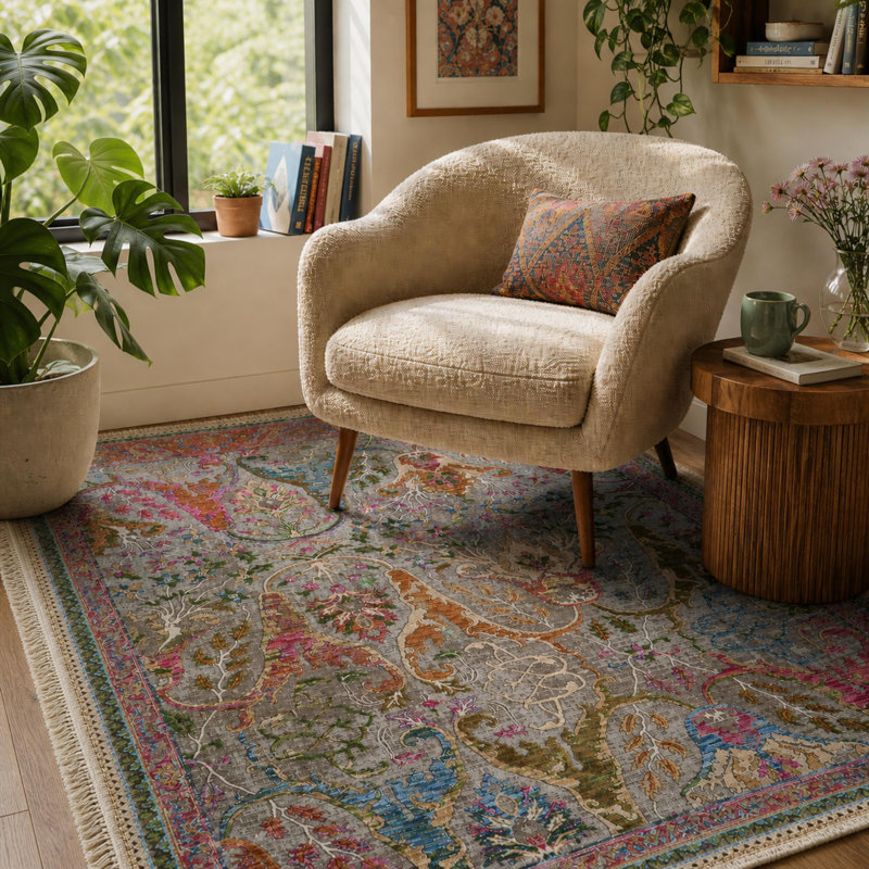 Tapis oriental traditionnel multicolore tissé à la machine en polyester, Medium — 5'3" x 7'7"