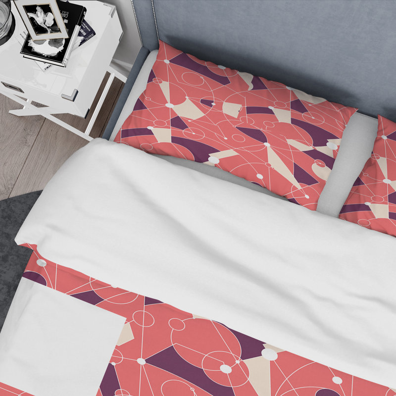 Ensemble de housse de couette Mid-Century Retro Grid IV, Housse de couette très grand et 2 taies, Orange / mauve