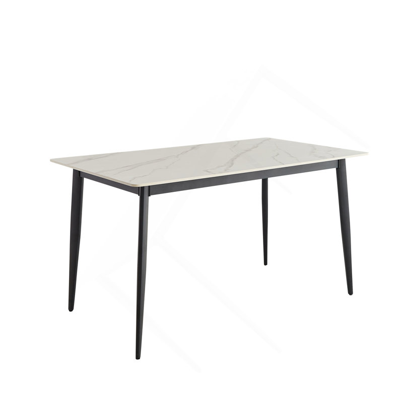 Table de salle à manger Table de cuisine rectangulaire blanche de 55 po avec plateau en porcelaine et pieds en métal, table de salle à manger pour 4 personnes, table de salle à manger de style Mid-Century pour salon et bureau, table seulement