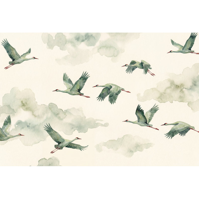 Papier peint nuances vertes, oiseaux volants, aquarelle, 100 po x 96 po, Peler et coller