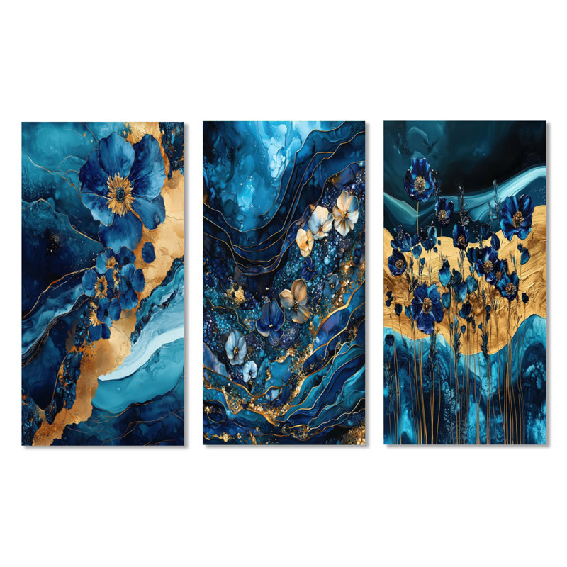 Buttercups Flowers and Safire Crystal Energy I - ensemble d'art mural en métal imprimé floral bleu de 3, H 40 po x l 60 po