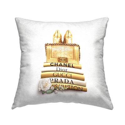 Radiant Upscale Fashion Purse Designer Bookstack Outdoor Printed Pillow by Ros Ruseva