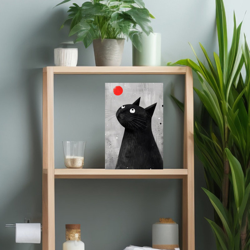 Chat noir, boule rouge, art mural moderne, 18" H x 12" W