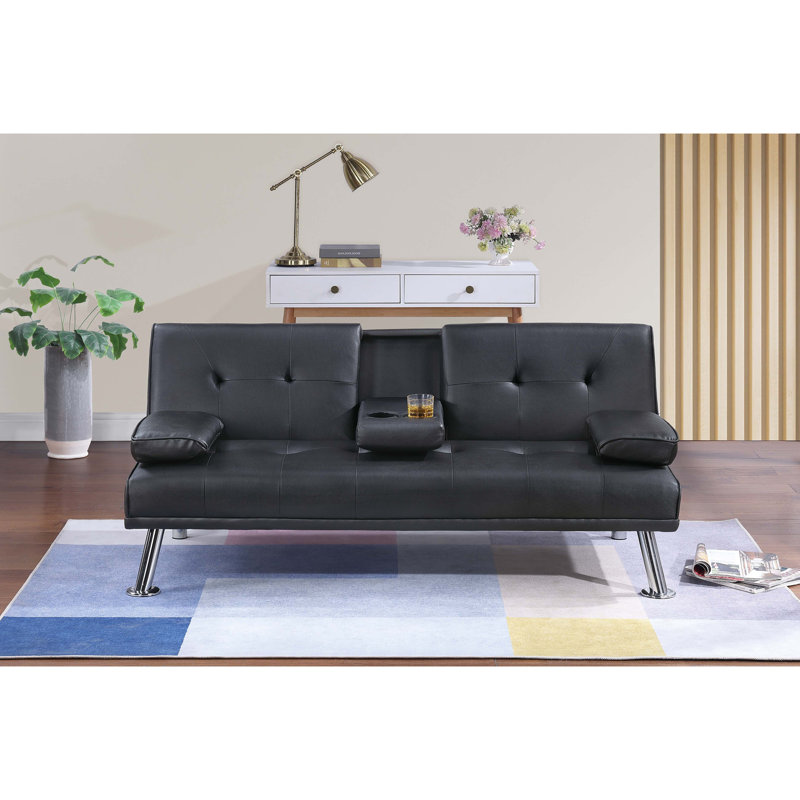 Table de salon pliable en similicuir de couleur noire avec table pliante et porte-gobelets capitonnée et rembourrée, Noir