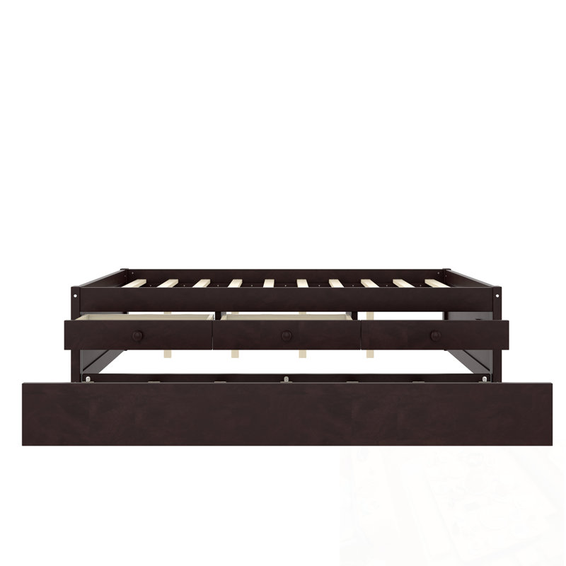 Lit plateforme double avec lit gigogne et 2 tiroirs, Espresso