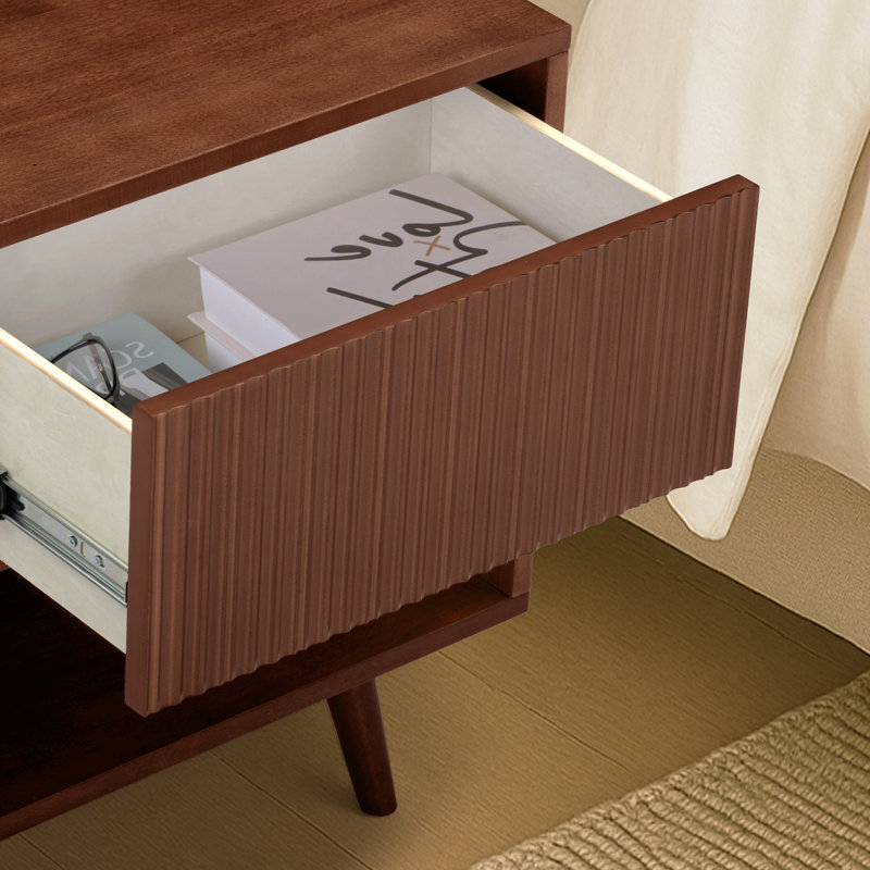 Table de chevet ouverte à 1 tiroir avec rangement à pousser pour chambre Tremolo, Noyer