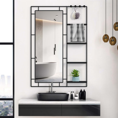 30X44 Ines Modern Vanity Mirror With Multi-Functional Shelf, Large Bathroom And Living Room Decoration, Black Frame