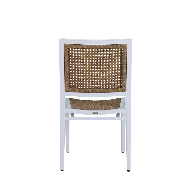Bermuda Aluminum and Cane Stacking Side Chair, No Welt + Standard Fill, Harbor Stripe Indigo, Chalk And Natural Cane