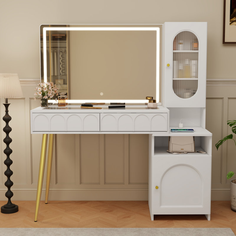 47.5" Makeup Vanity With Glass Top, Wood Vanity With Mirror And Lights, Dressing Table With 3 Lighting Modes For Bedroom