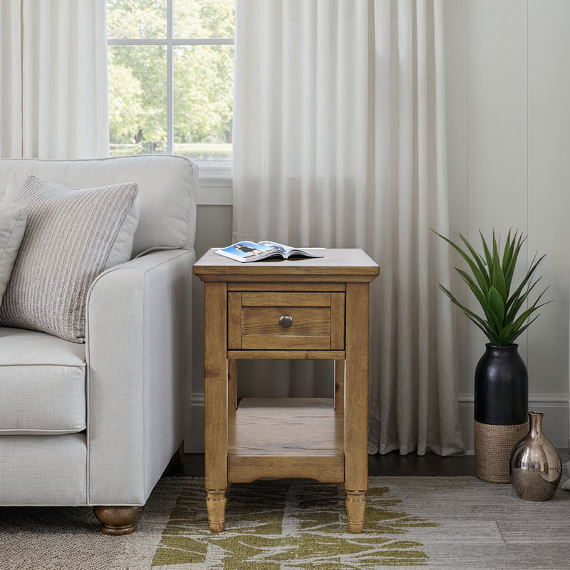 Grishe Modern Transitional Chairside End Table with Drawer and Storage Shelf - Light Brown, Brown Wood