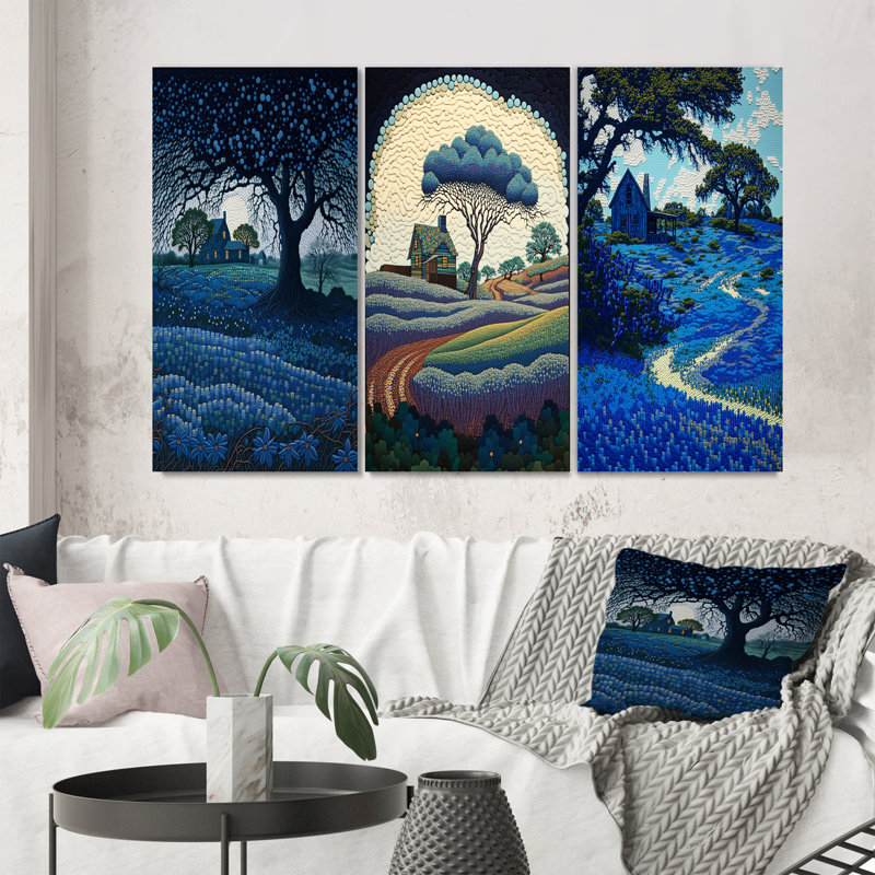 «Field With Farm And Blossoming Bluebonnets», 3 pièces, Toile tendue, H 28 po x l 36 po