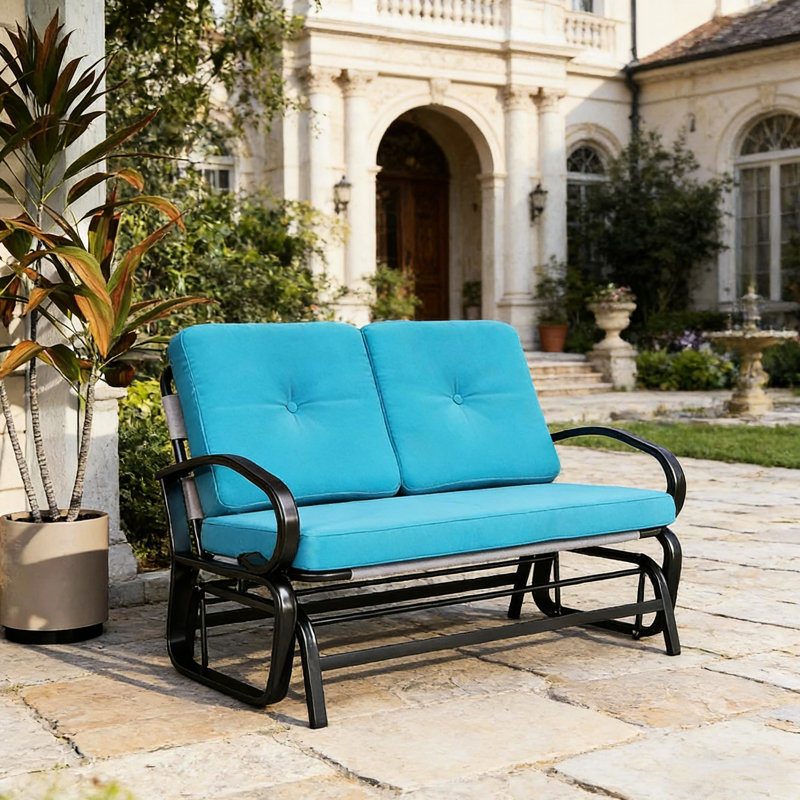 Banc de patio bleu avec assise confortable, filet respirant et, pour les réceptions en plein air, filet mesurant 396 lb, coussins idéaux pour les rassemblements, l 47,25 po x P 29,5 po, H 32,25 po
