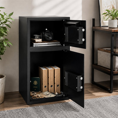 Black 2.6 cubic foot double-door steel safe, equipped with a numeric lock, suitable for storing cash, firearms, and jewelry.