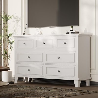 7 Drawer Dresser, Large Wooden Storage Chest of Drawers with Exquisite Metal Handles, Dresser TV Stand, Drawer Organizer for Bedroom, Living Room, Hallway, Entryway, White