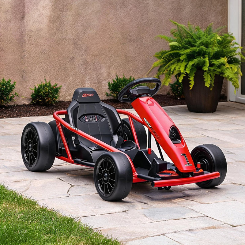Kart pour enfants Drift Racing, rouge, électrique 24 V, 2 vitesses, 8,1 mi / h, tout terrain, 8 à 12 ans, capacité de 154 lb, structure en acier, corps en PP, 45,25 L