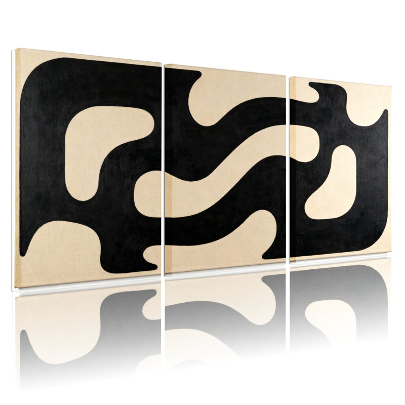 Ensemble de 3 tableaux abstraits à motifs de vagues noires et beiges sur toile tendue, H 30 po x l 60 po