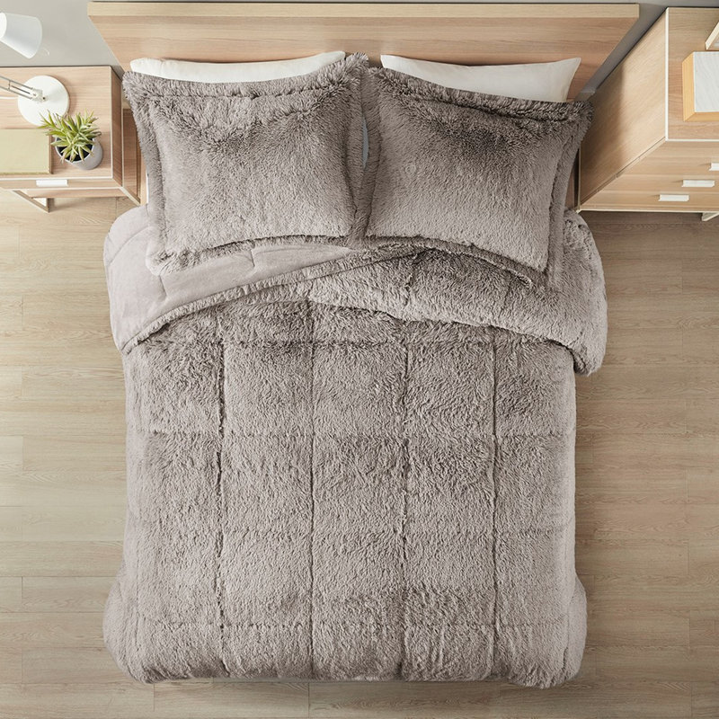 Édredon pour lit double / grand lit - Gris à poils longs longs, doux et chaud