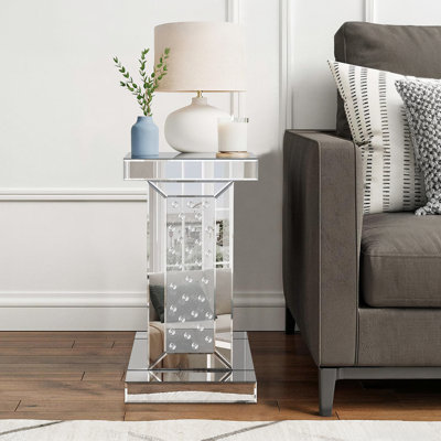 Silver Mirrored End Table, Glam Crystal Inlay Side Accent Tables, Small Coffee Table For Living Room, Bedroom, Corner, 11.8"x11.8"x22"