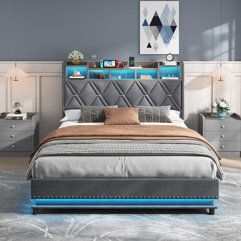 Lift Up Bed Frame With Storage Headboard, Queen, Gray