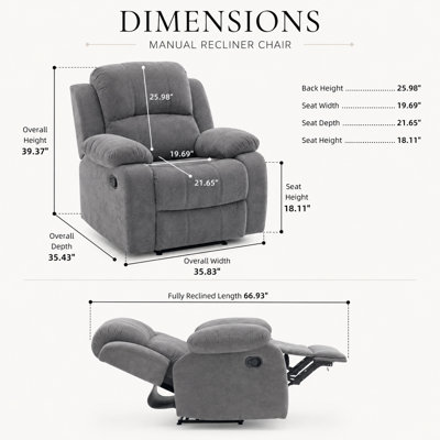 Fauteuil inclinable manuel en chenille antique Rovella, fauteuil réglable de 110 ° à 160 ° avec repose-pieds, 400 lb Fauteuil inclinable simple pour salon, chambre à coucher et petits espaces