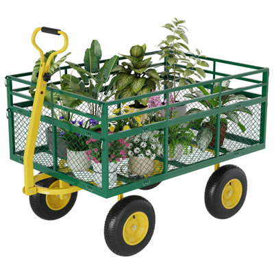 Chariot de jardin en acier robuste de 1400 lb - côtés en filet amovibles, pneus pneumatiques de 10 po, poignée pivotante à 180 °, chariot à plat pliable pour la cour, la pelouse, la ferme et le camping