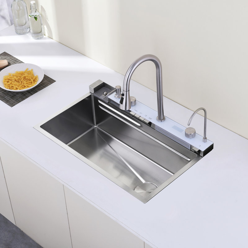 Évier de cuisine à cuve simple en acier inoxydable 304 avec robinet à cascade coulissant et lavabo à légumes, Gris foncé