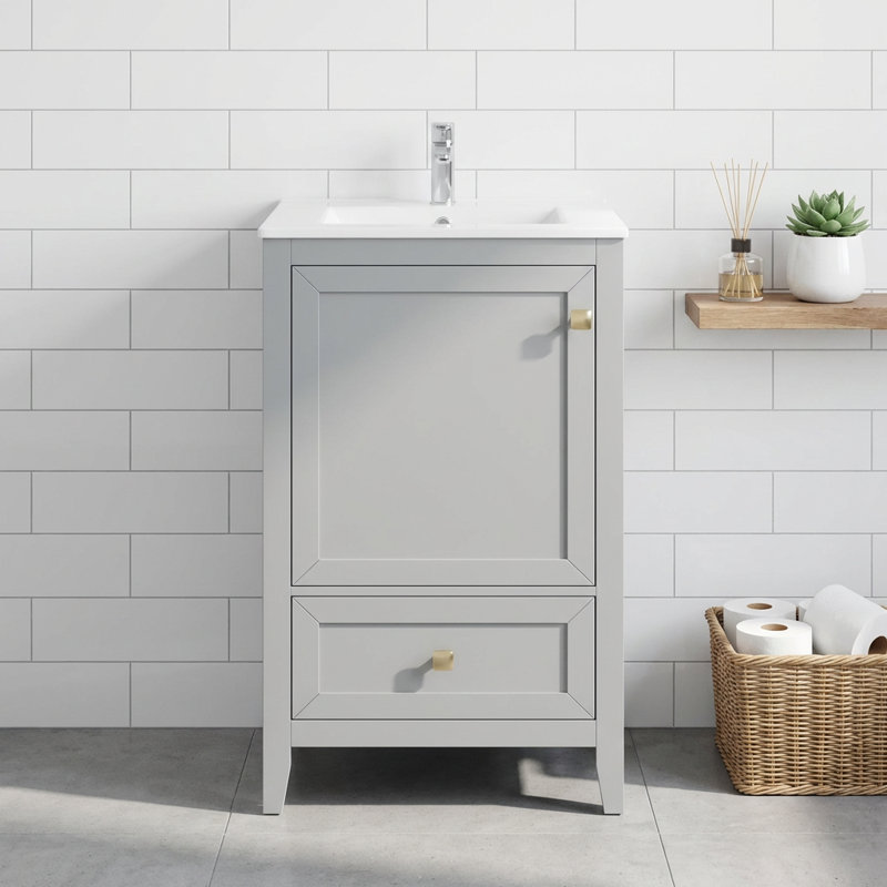 Meuble-lavabo autoportant compact de 20 pouces avec lavabo en céramique, porte à fermeture en douceur et rangement intégré