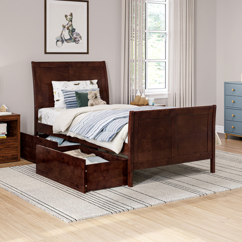 Lit plateforme en bois massif Fitzsimmons avec pied de lit et tiroirs de rangement assortis, Simple, Noyer 1, 2 tiroirs