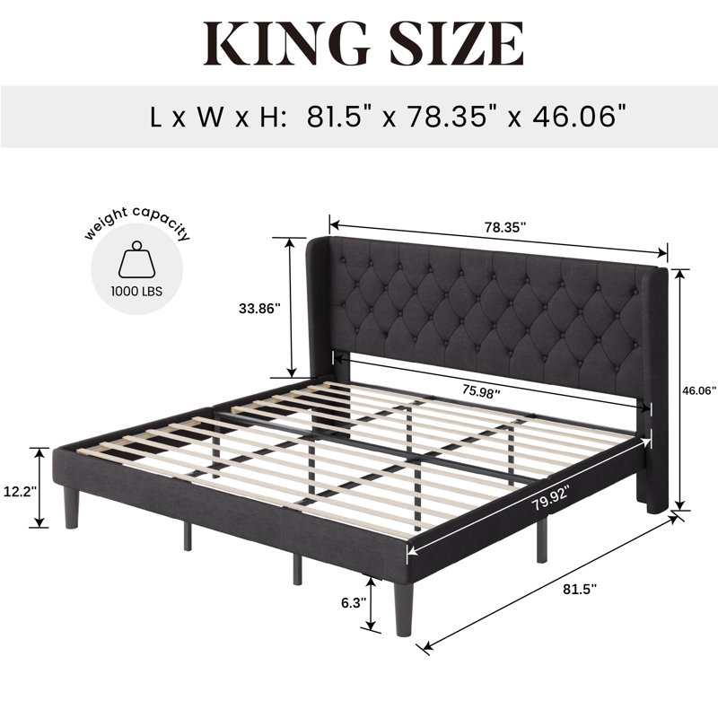 Walace Upholstered Wingback Bed, King, Black