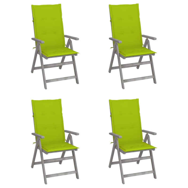Chaise de patio avec coussin en teck, 4, Vert vif, Gris
