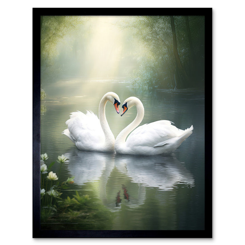 Elegant Love Heart Swans Photo Misty Morning River - Single Picture Frame Print