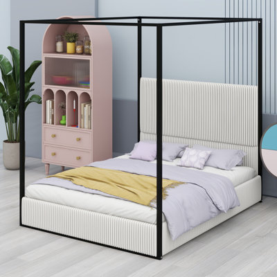 Modern Luxury Metal Canopy Bed With Tall Corduroy Upholstered Headboard And Four Poster