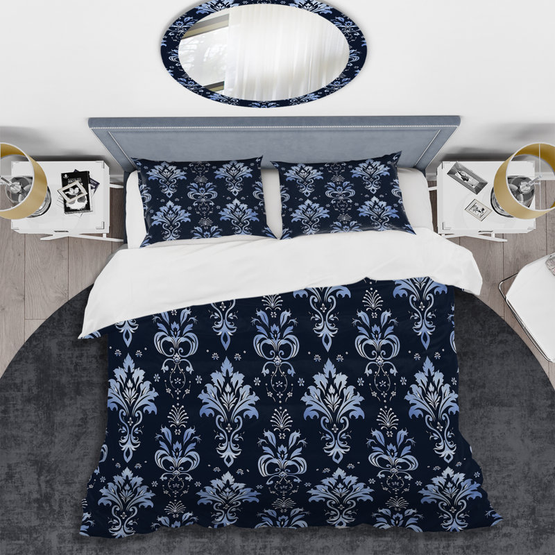 Blue Glamourous Damask Print II - Ensemble de housse de couette glam, Housse de couette pour grand lit + 2 taies décora