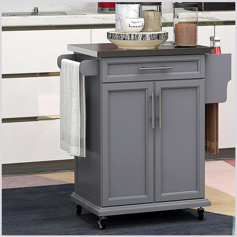Chariot pour îlot de cuisine avec comptoir en acier inoxydable, tiroirs, porte-serviettes et étagère à épices, chariot de rangement pratique, gris