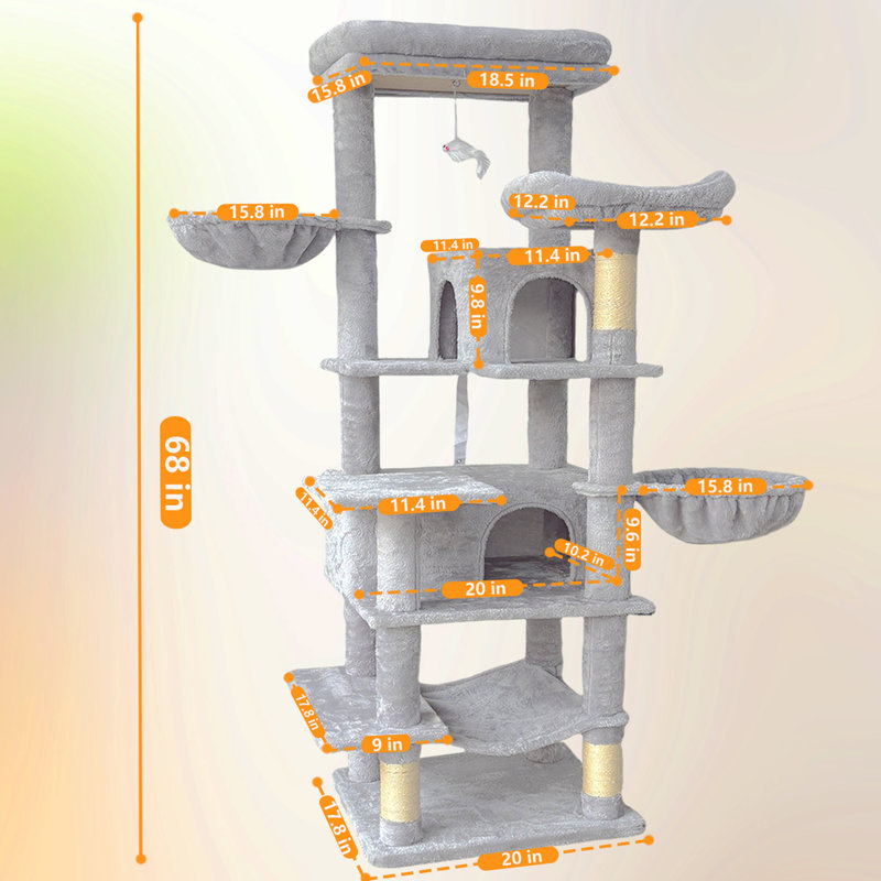 Arbre à chat H 68 po Cozy Fun, tour pour chat à niveaux multiples avec poteaux à griffer et grottes, condo pour chat d'intérieur avec hamac pour chatons, gris