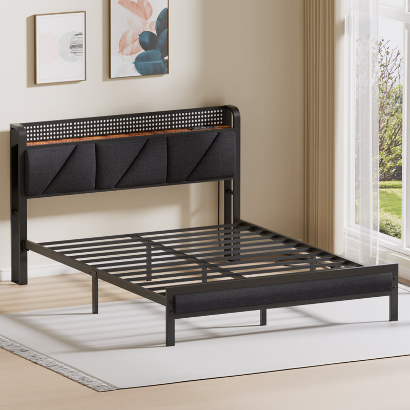 Platform Bed Frame with Storage, RGB LED Lights and Charging Station,Bed with Upholstered Headboard, Queen
