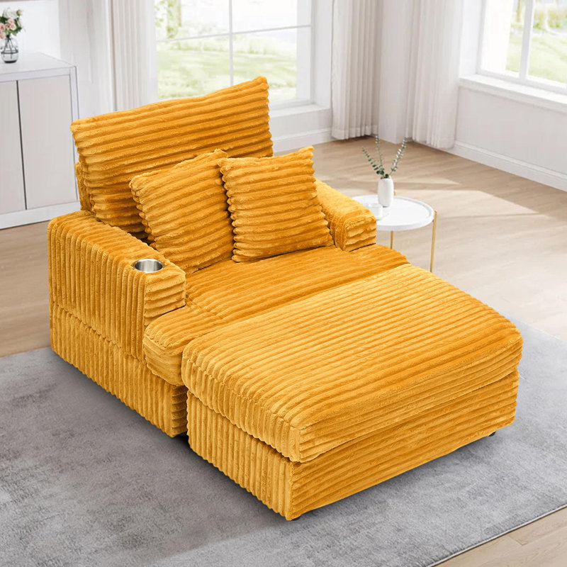 39" Wide Corduroy Upholstered Chaise Lounge Chair Accent Chair with Cup Holder for Living Room, Bedroom, Office, Yellow