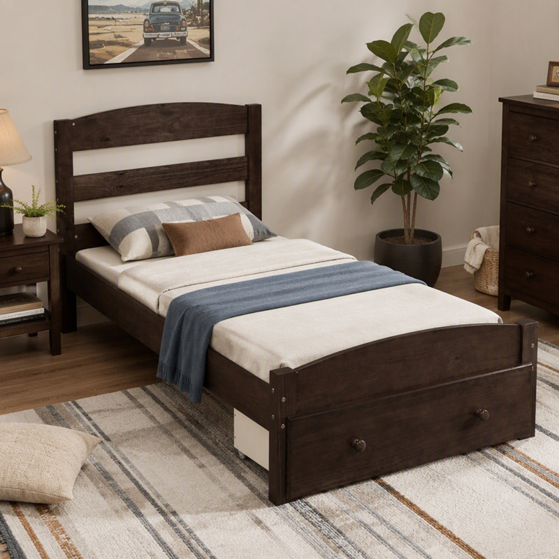 Twin Platform Bed With Storage Drawer And Wood Slat Support No Box Spring Needed, Espresso